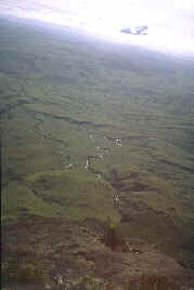 Der Weg verluft von rechz oben zur Flussgabelung (Rio Kukenan) links mitte, (Rio Tek nicht sichtbar) dann  am linken Rand entlang zum Wandfu